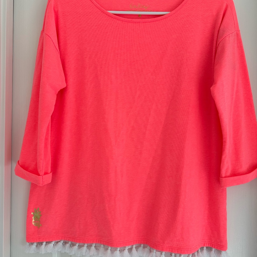 NWT Lilly Pulitzer Tunic Top Coral with White Tassels - Size S - Beach Names